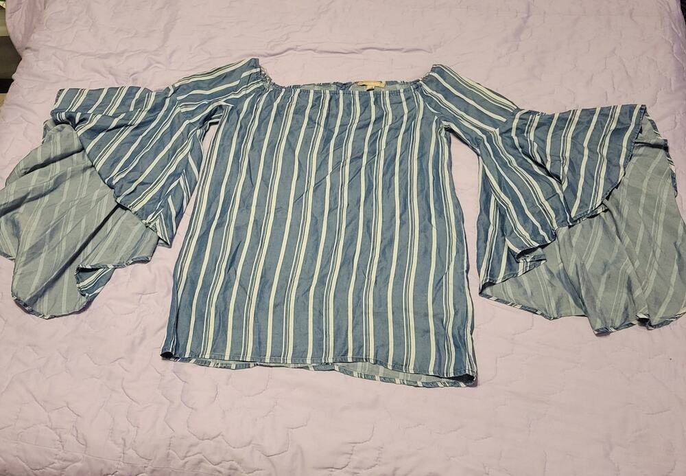 Appraisal Blue Stripe Off Shoulder Shirt Flounce Bell Sleeve Imported Womens Sm